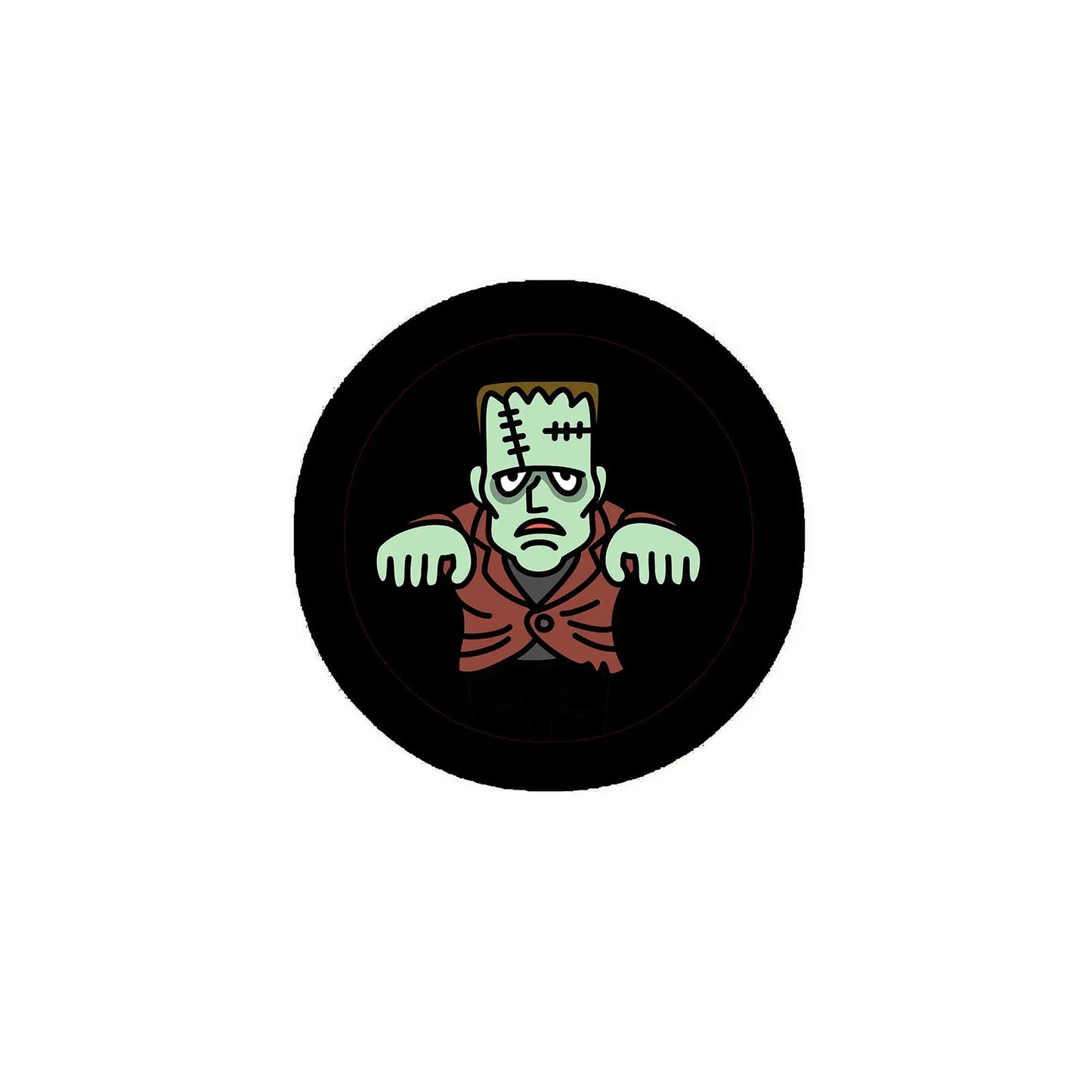 2.25-inch Frankenstein pinback button with green stitched monster face on black circle