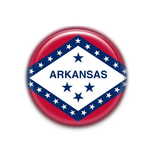 2.25-inch round Arkansas flag fridge magnet with red border, blue star diamond, ARKANSAS