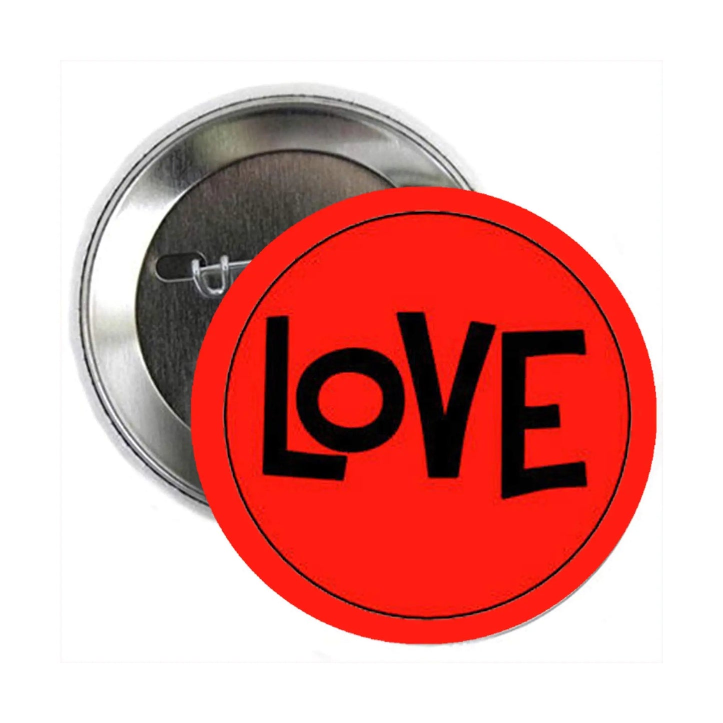 LOVE graphic pin badge with red circular face, black lettering, and silver pin back