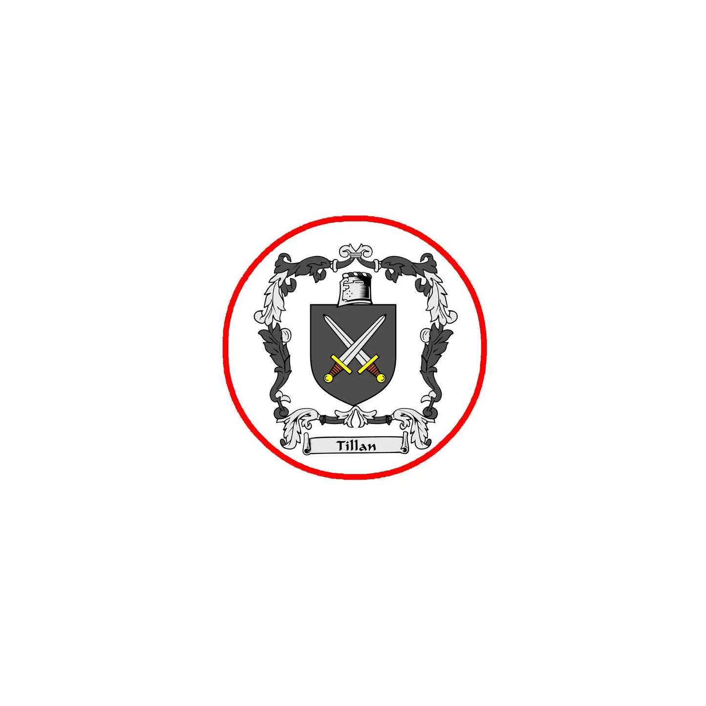 Round coat of arms pinback badge with shield, crossed swords, and crest inside red border