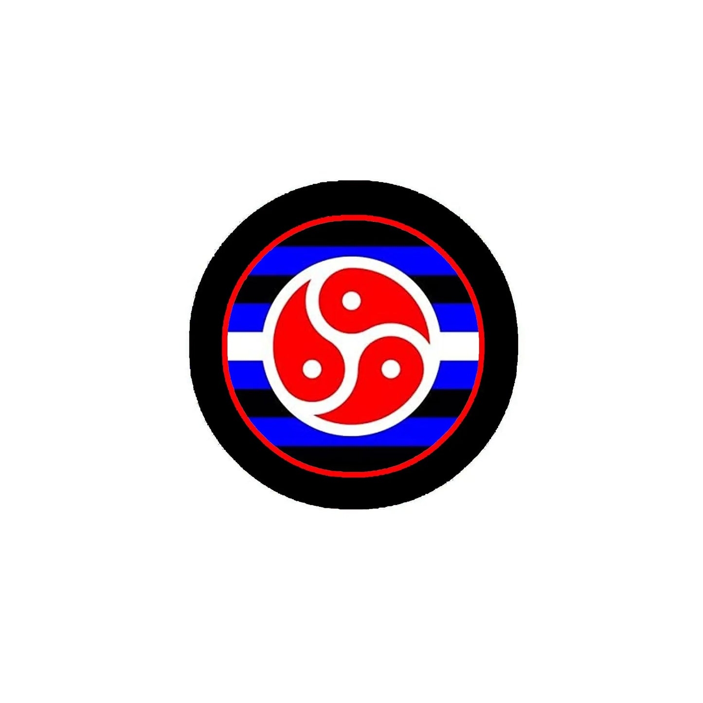 Round BDSM pride enamel pin with black rim, red triskelion yin-yang and rainbow stripes