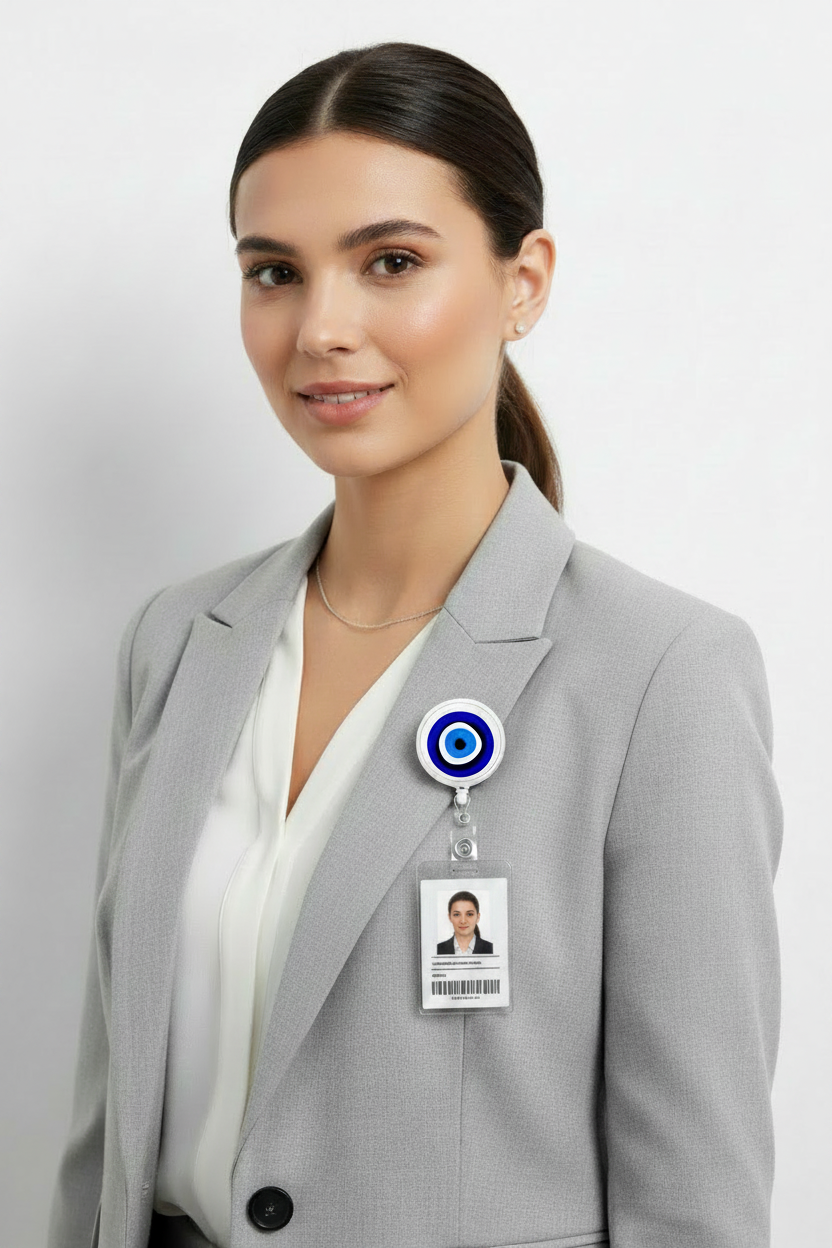Evil eye retractable reel clipped to gray blazer lapel with badge holder