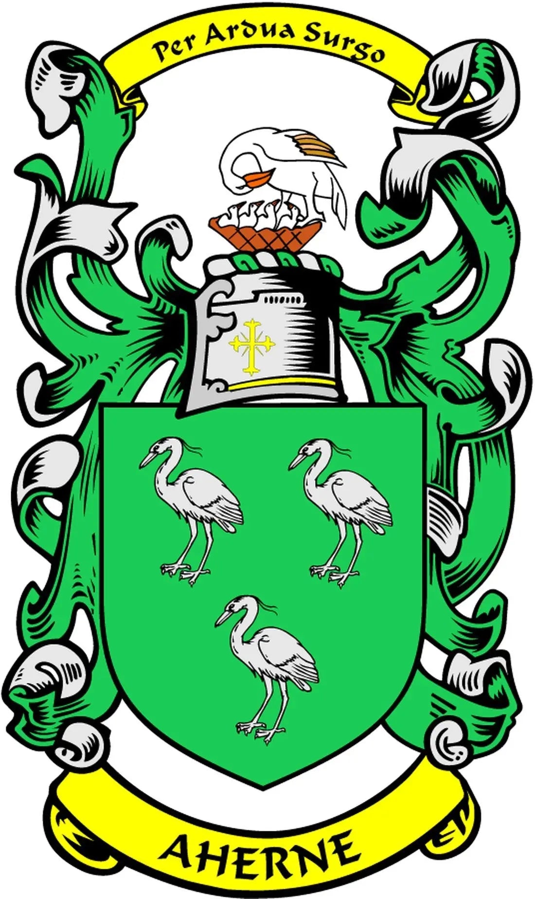 Family crest coat arms magnet with green shield and Aherne lettering, 3-inch