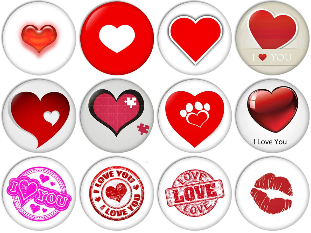 Love heart stamp pinback buttons set, 12 heart icons with varied colors and designs