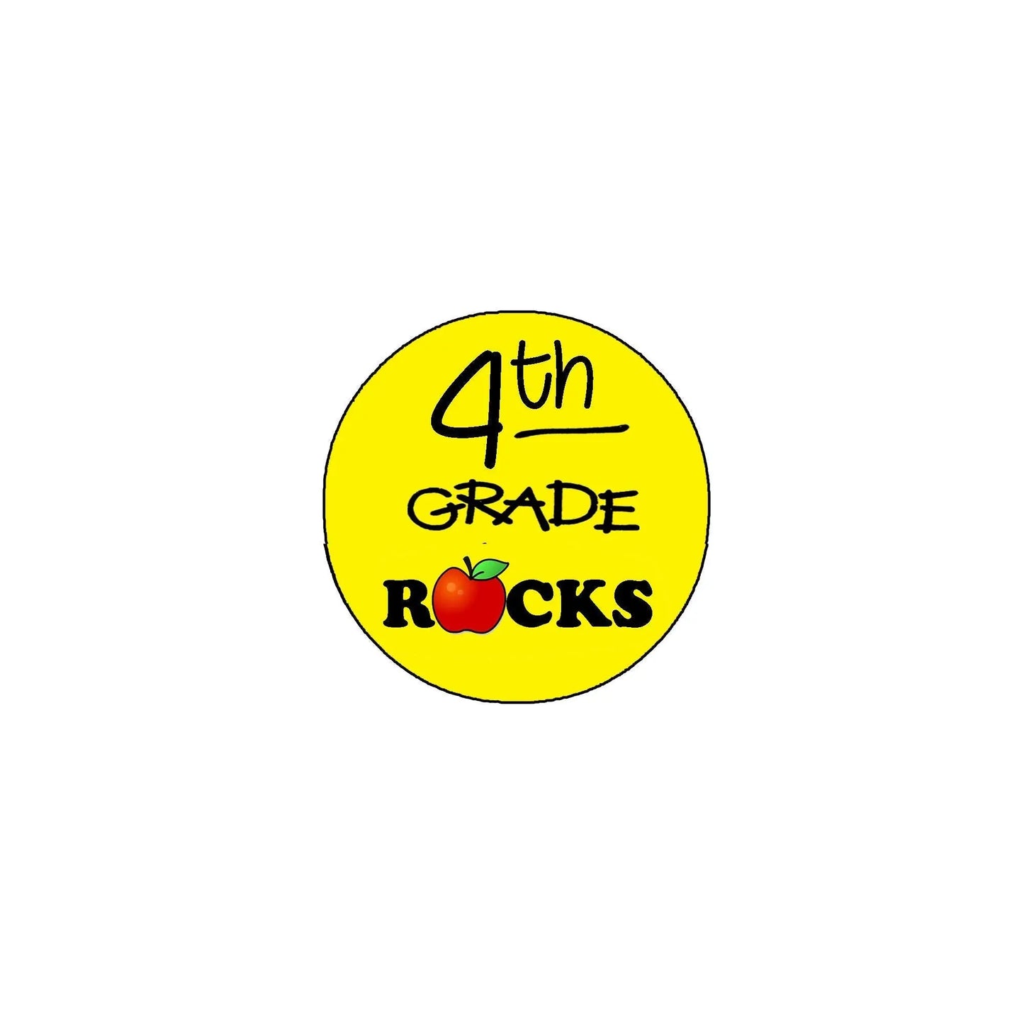 2.25-inch round yellow pinback brooch, '4th Grade Rocks' text with red guitar pick