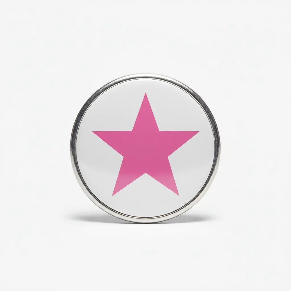 Round pinback button with pink five-point star design, silver-tone edge