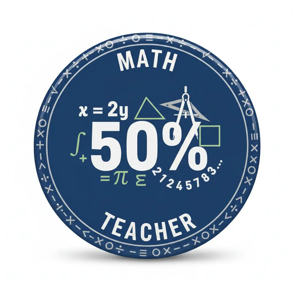 Round blue math teacher pinback badge with “MATH”, “50%”, and math symbols, 2.25 in