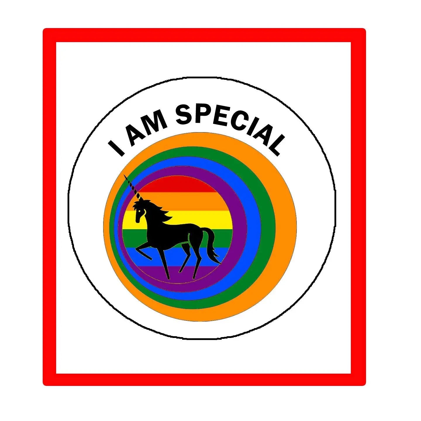 Round pinback button with “I AM SPECIAL” text, rainbow rings, and unicorn silhouette