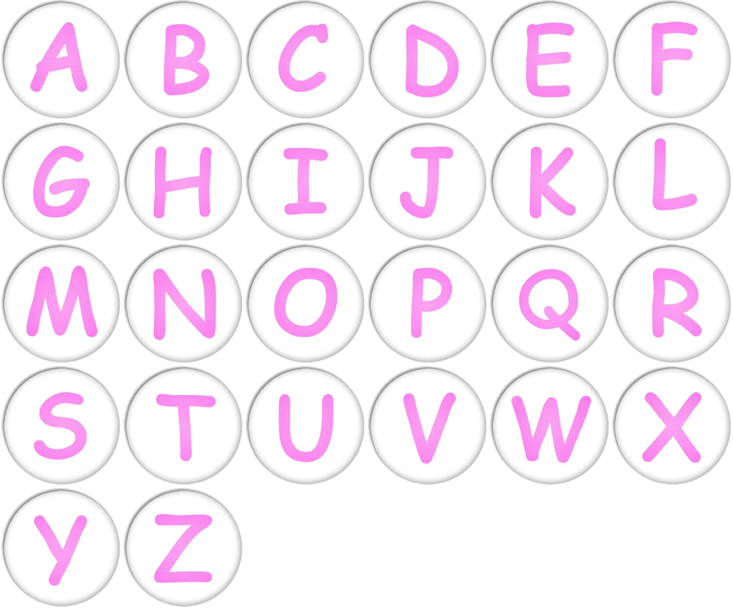 Pink uppercase alphabet A–Z pinback buttons with letters A to Z