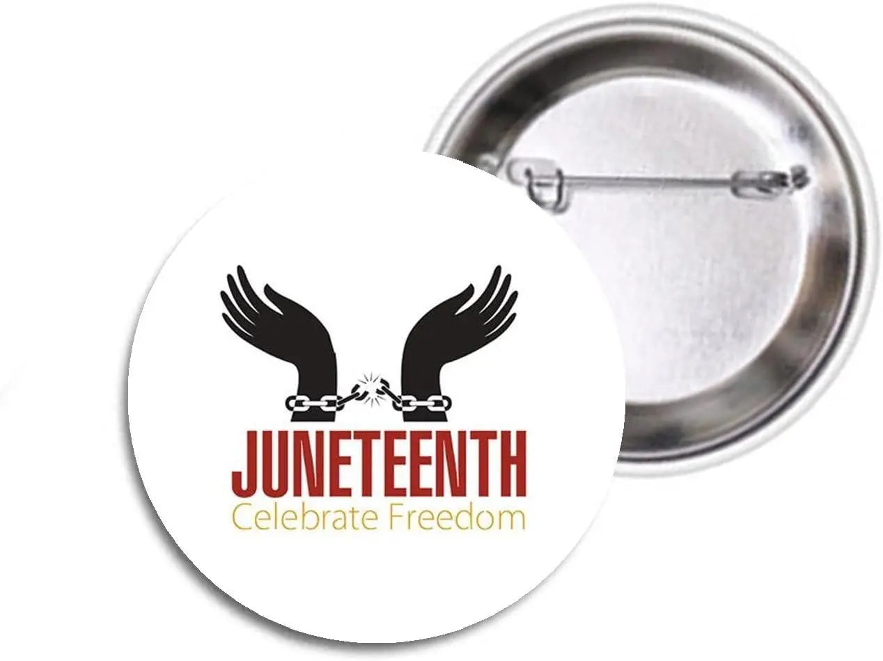 White Juneteenth pinback button with black handcuffs and red “JUNETEENTH” text, silver back