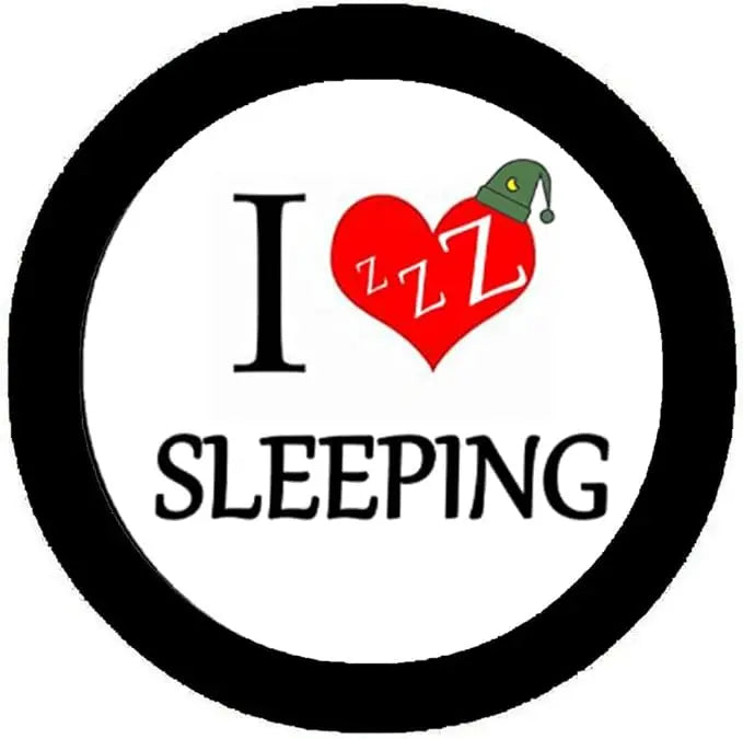 1.25-inch pinback button, black rim, 'I SLEEPING' text, red Zzz heart