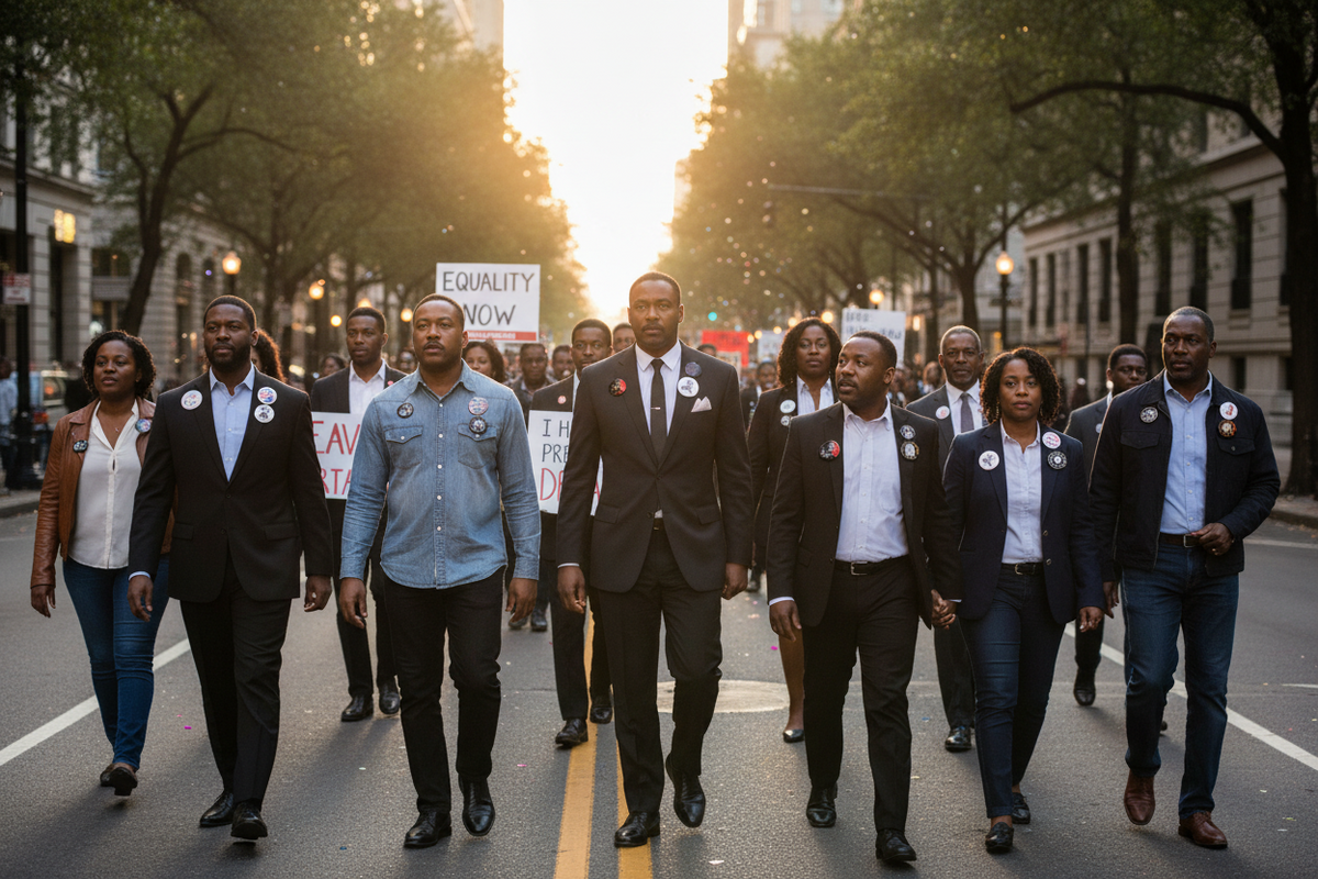 Group of people marching in suits with MLK-style tribute signs