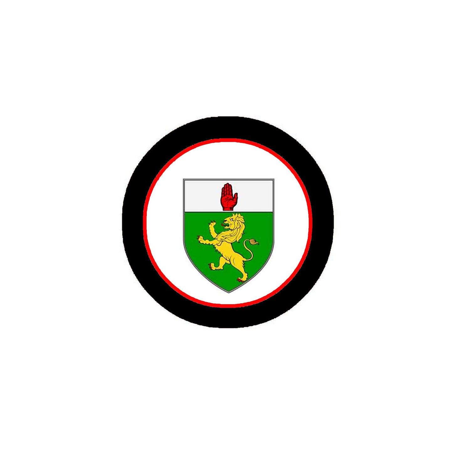 3-inch circular arms magnet with black frame, red rim, and green lion crest