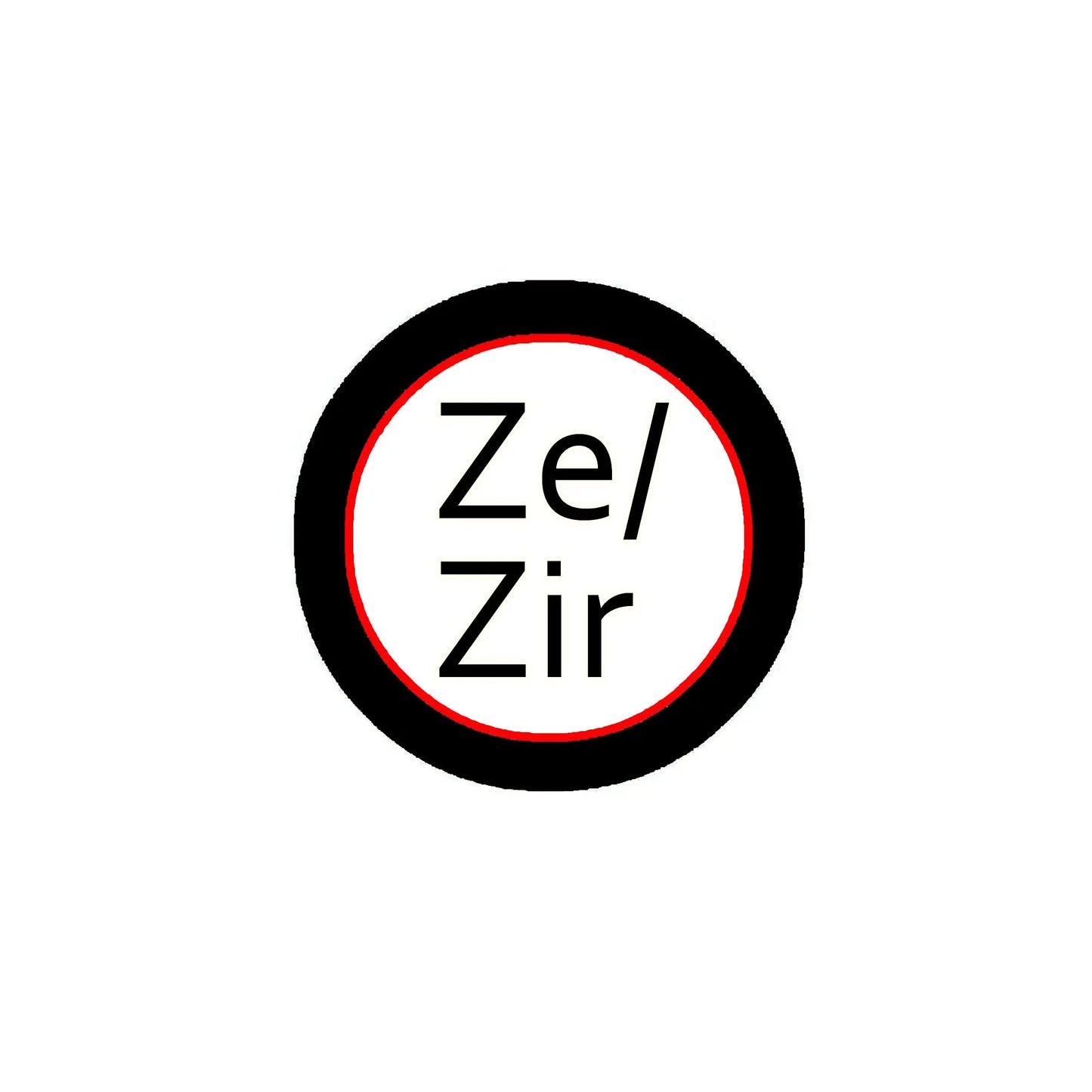 Round pinback button with Ze Zir lettering, black border and red ring