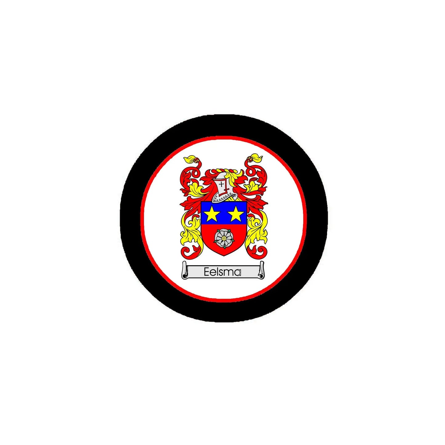 Eelsma family crest enamel pinback with round black border and colorful coat of arms