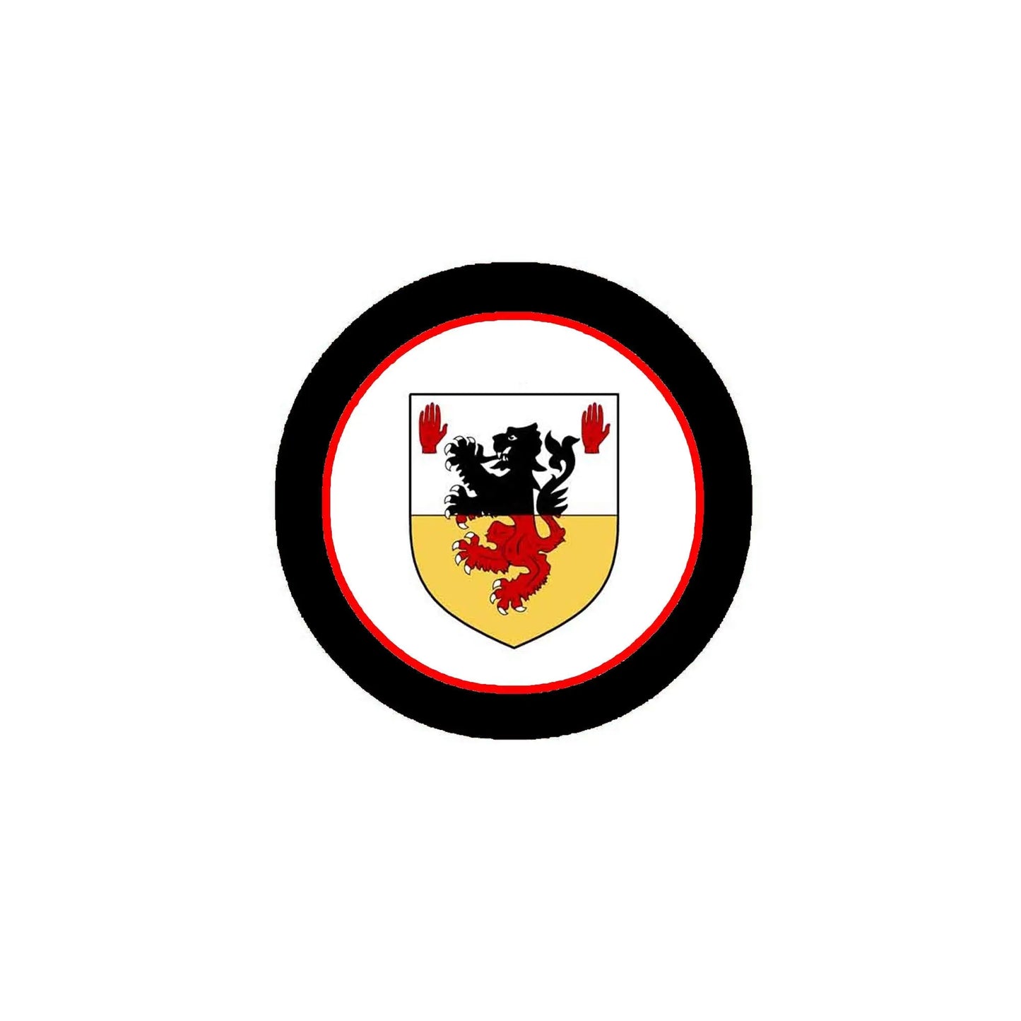 3-inch round coat of arms magnet with black rim, red ring, lion crest in gold