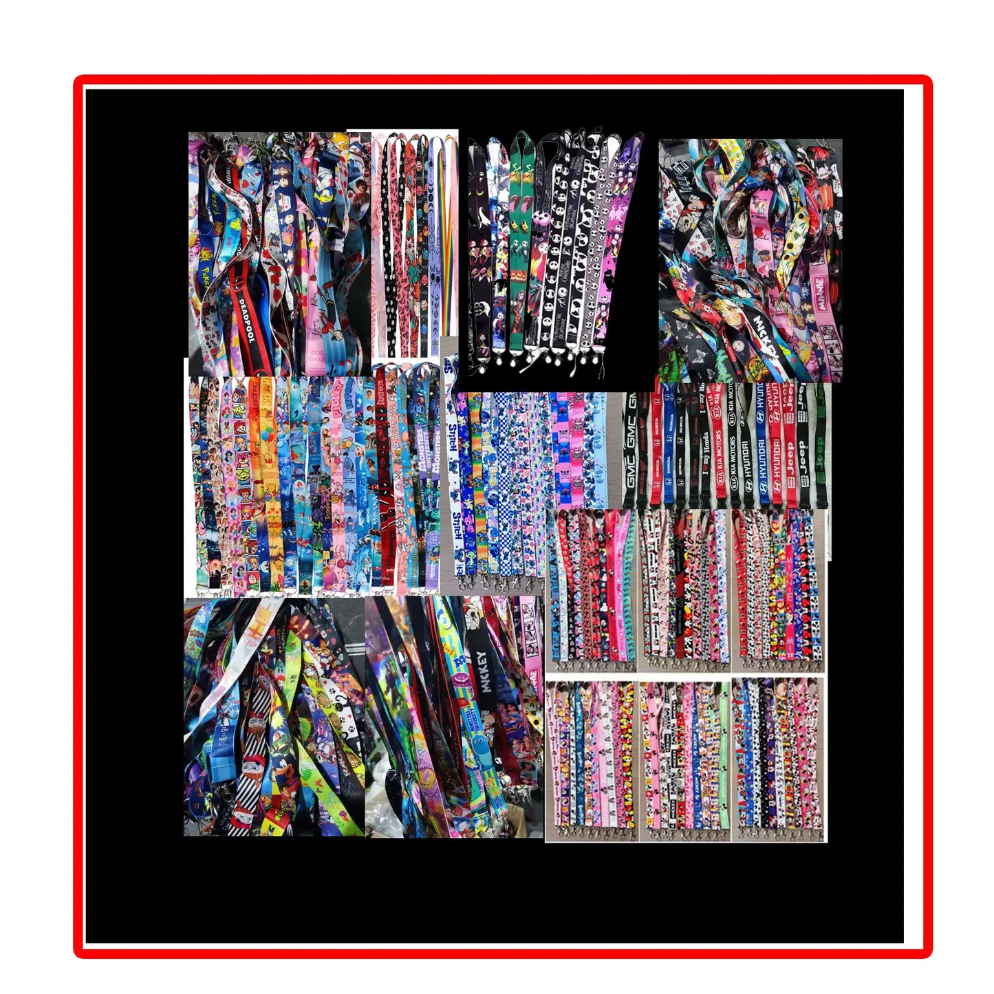 Set of 50 assorted cartoon lanyards with colorful car, sports, flag, and music prints