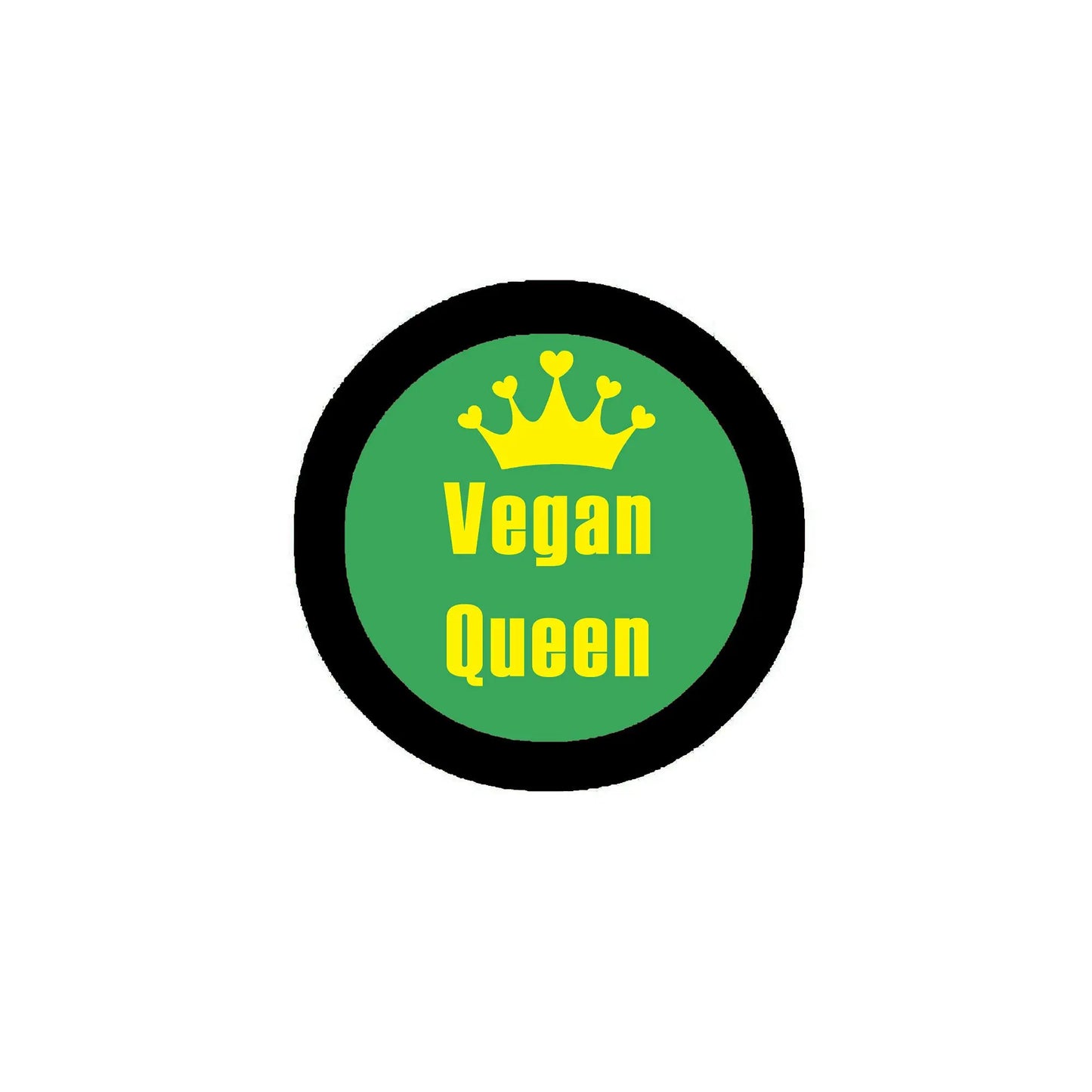 Vegan Queen circular badge pin with green center, black border, yellow crown and text