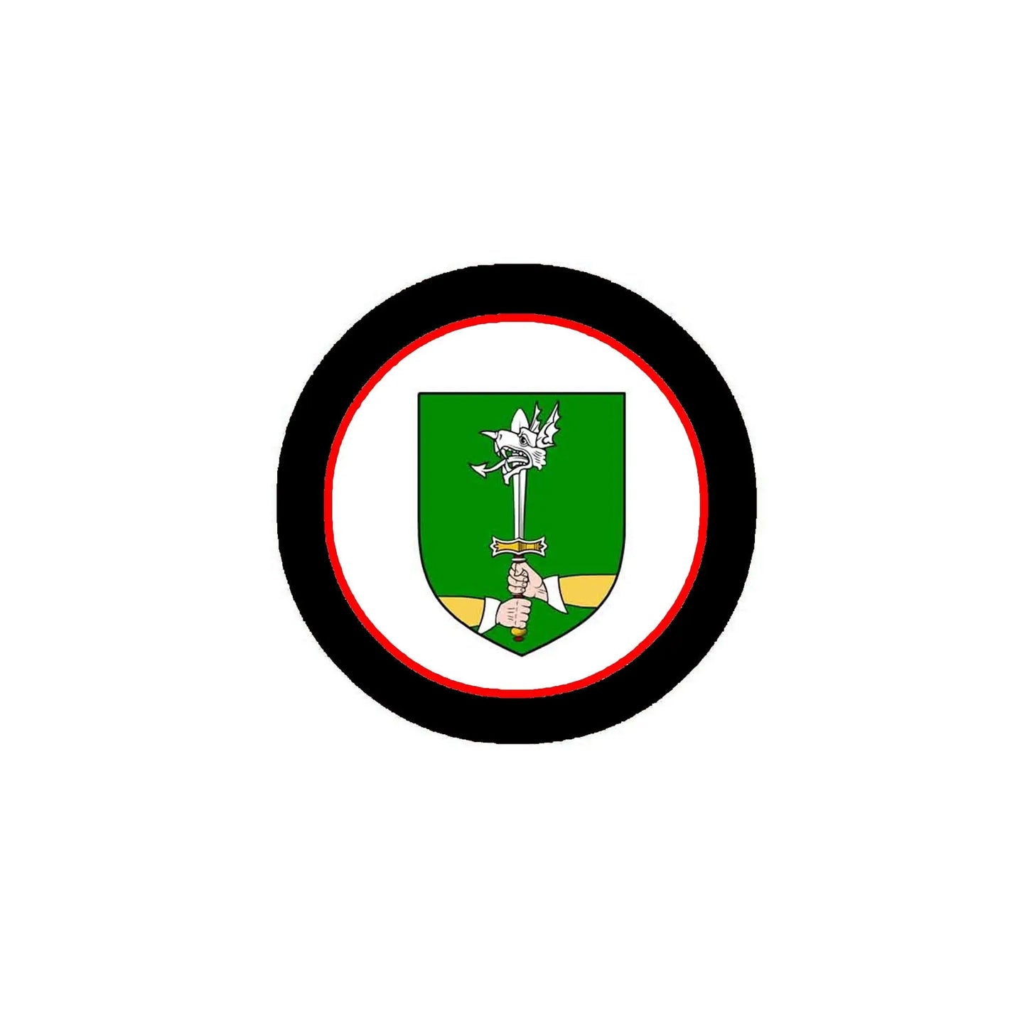 3-inch circular coat of arms magnet with black ring and green shield design