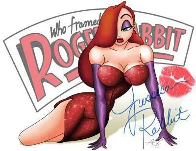 Cartoon mouse pad featuring Jessica Rabbit character in a red dress with bold graphic text
