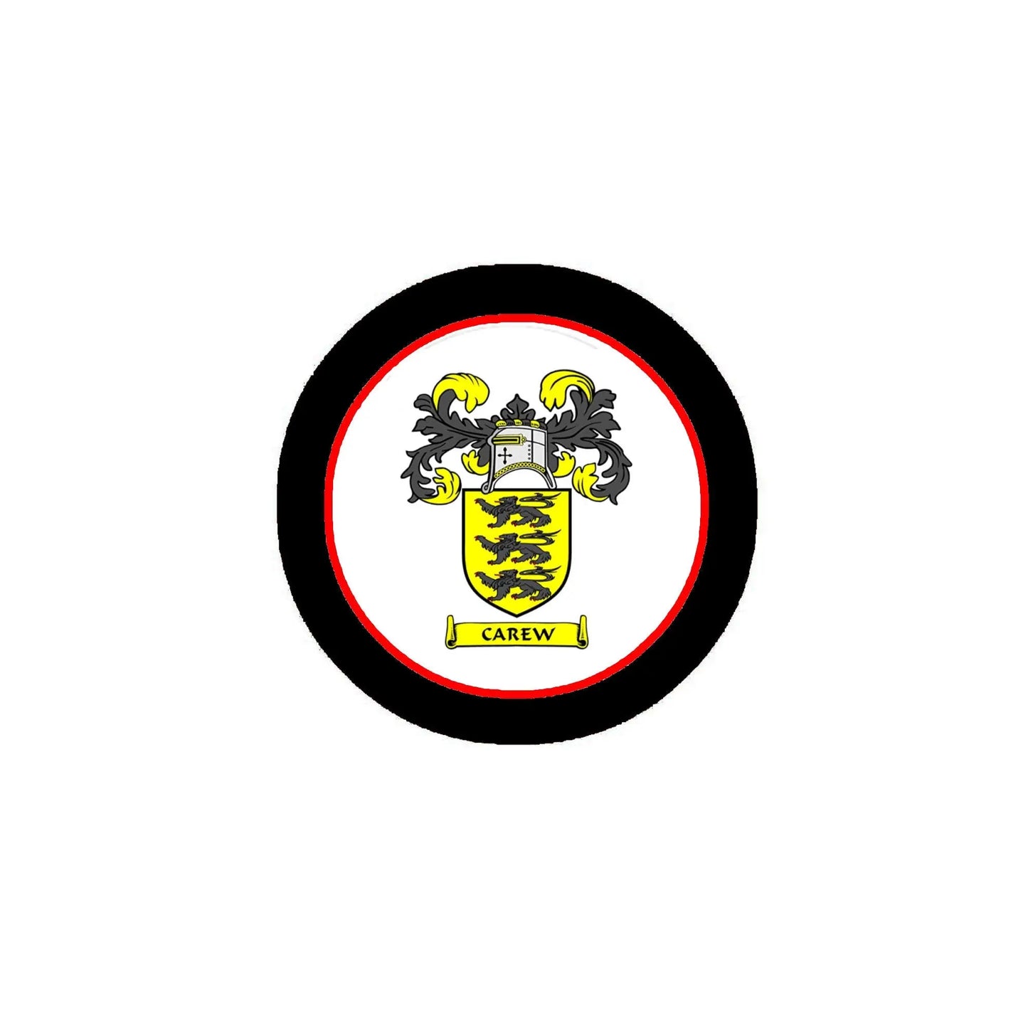3-inch circular coat of arms magnet with Carew crest, yellow and black details