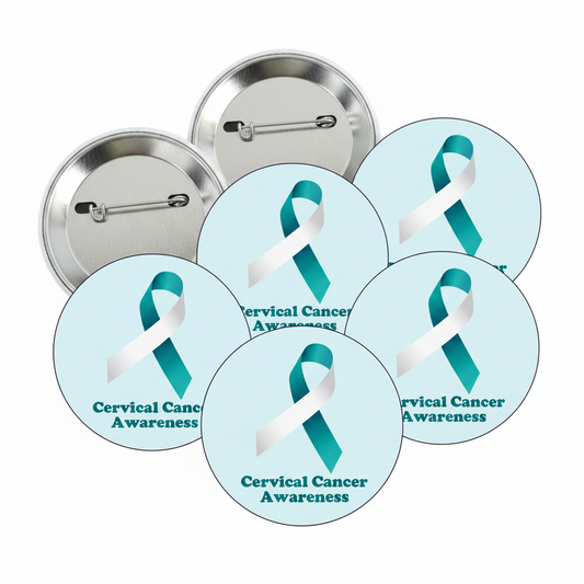 Set of round teal-and-white cervical cancer awareness pinbacks with safety clasps