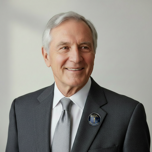 A smiling older man with gray hair, wearing a dark gray suit, white dress shirt, and light gray tie, with a small circular pin on his lapel, photographed against a plain light gray background.
