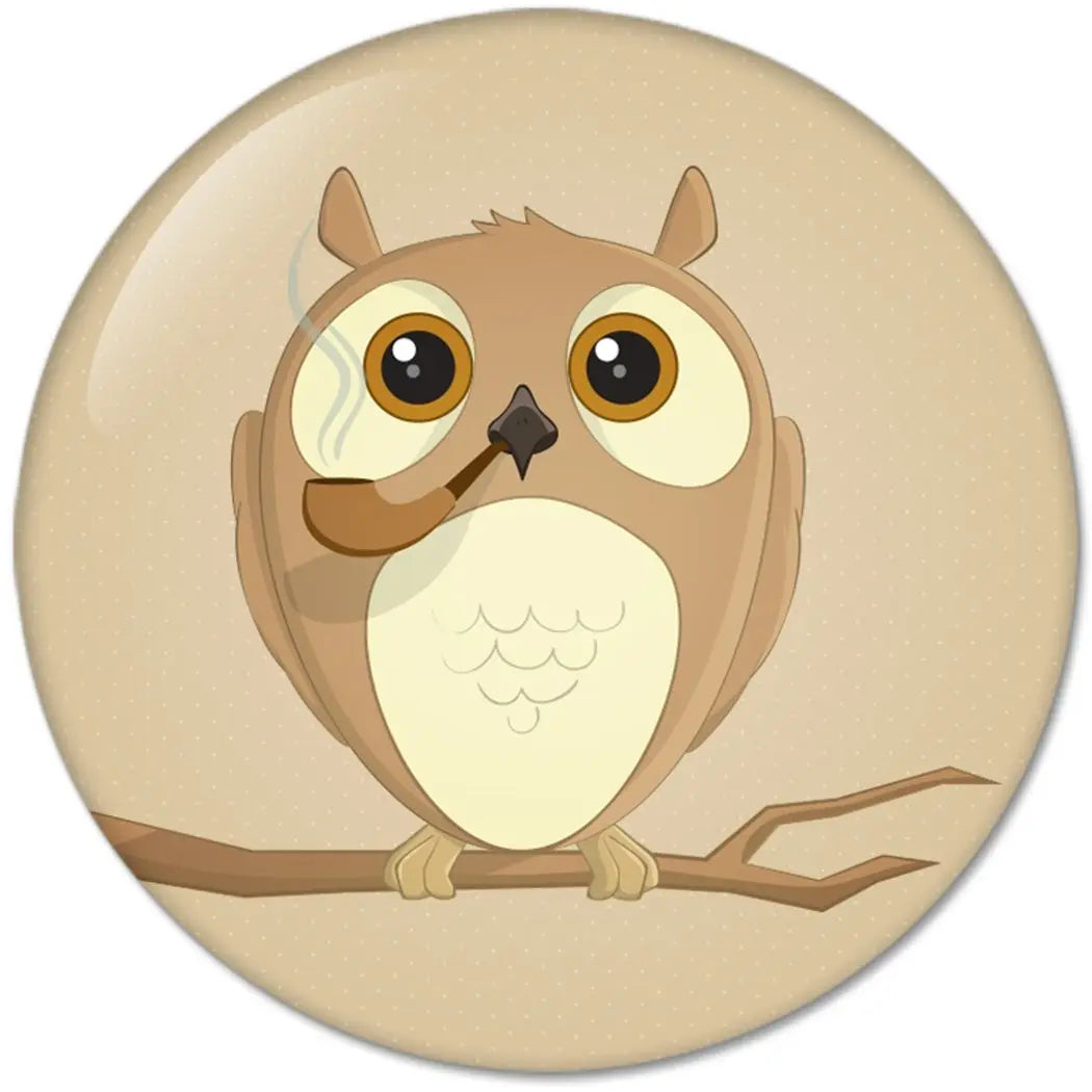 1.25-inch owl pinback button with cartoon face and tan background