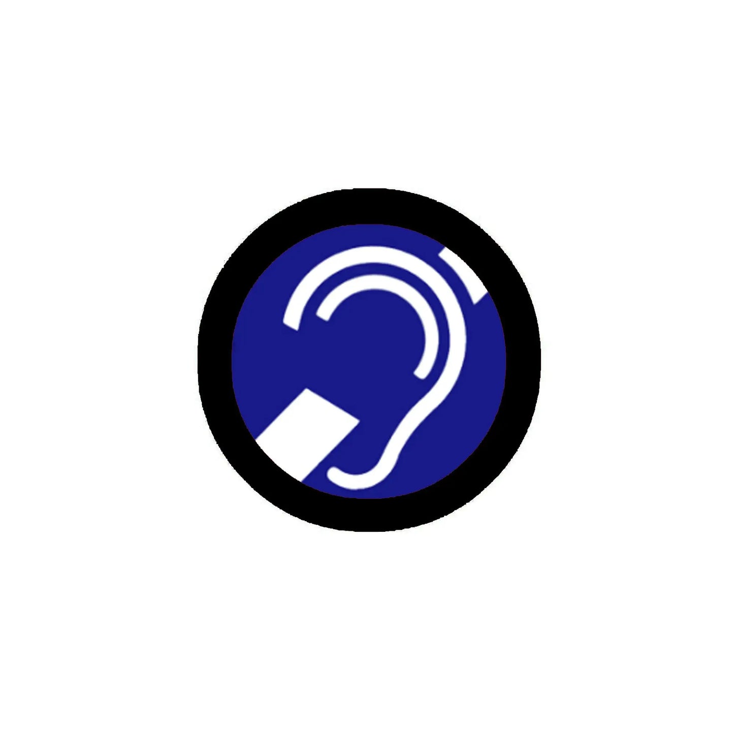 2.25-inch circular deafness symbol pinback badge, blue and white with black border