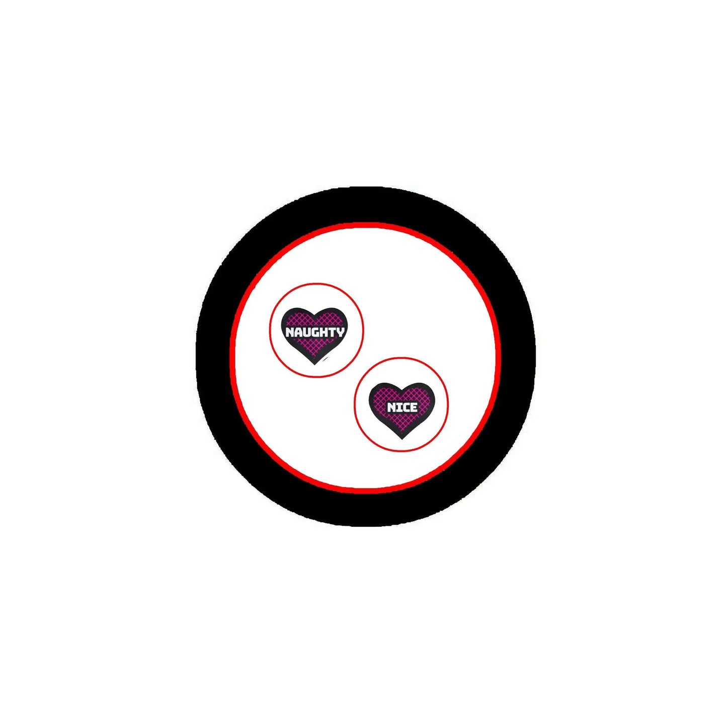 2.25-inch pinback button set: 'Naughty' and 'Nice' with black and red rings
