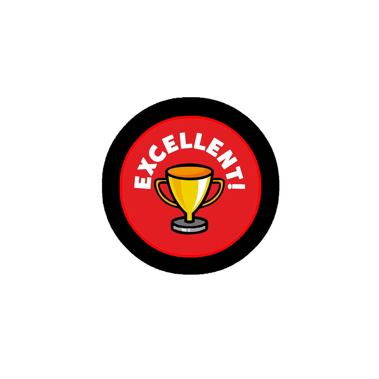 Colorful 2.25-inch pinback button with red trophy logo and black rim