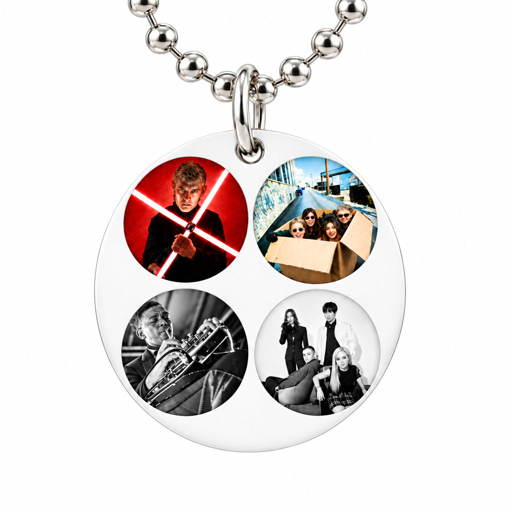 The Smashing Pumpkins dogtag necklace, circular four-photo pendant with silver chain