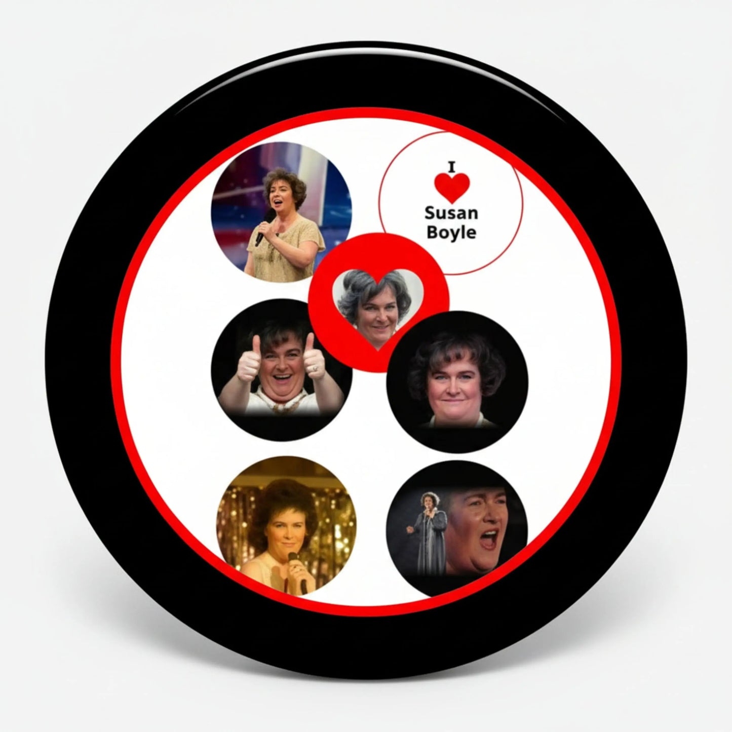 Susan Boyle 1.25-inch pinback button with black frame and red-ring photo collage