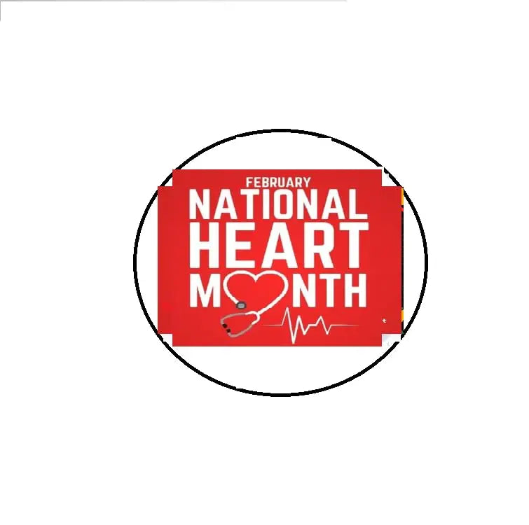 National Heart Month pinback button with red banner, white text, and heart icon