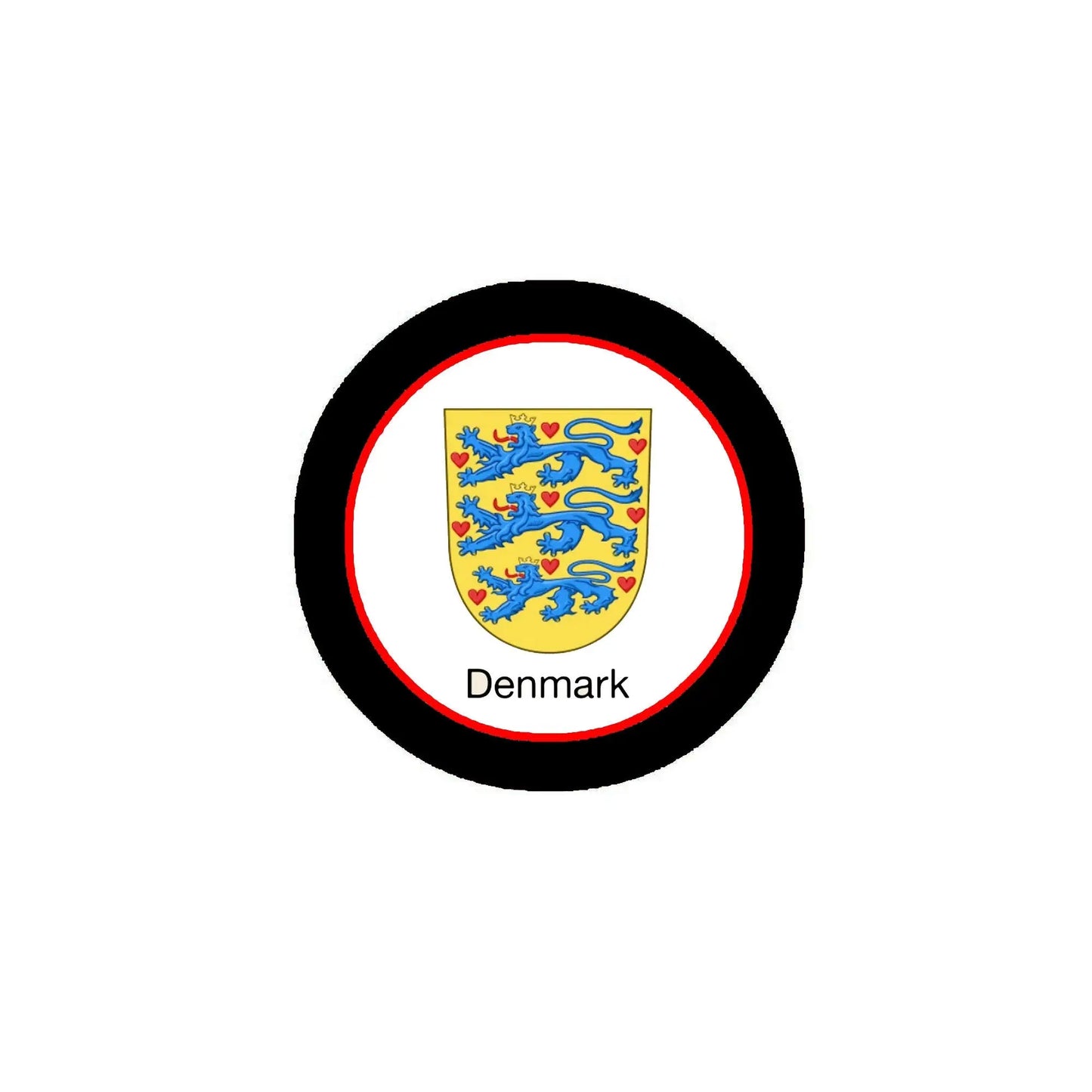 Round Denmark coat of arms pinback badge with black rim and red border ring