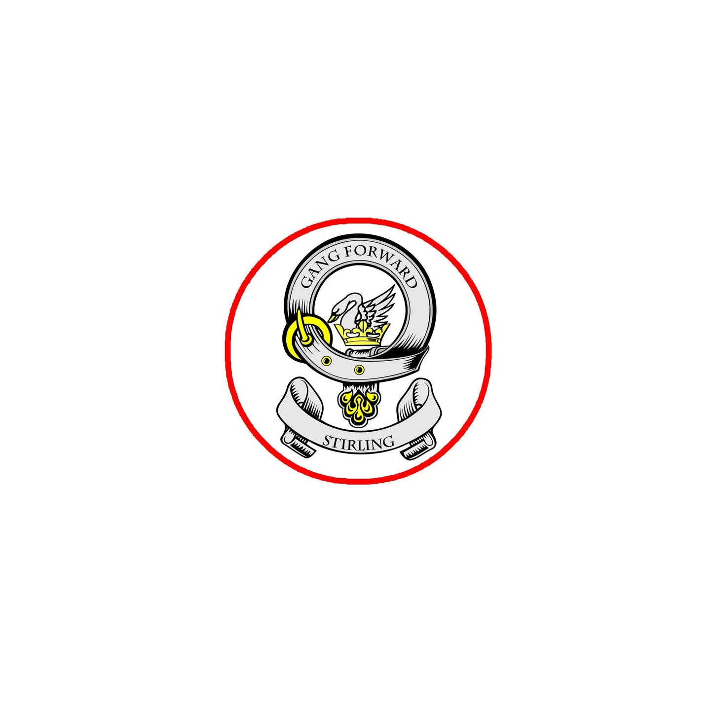 Round Stirling family crest pin badge with red border and shield graphic