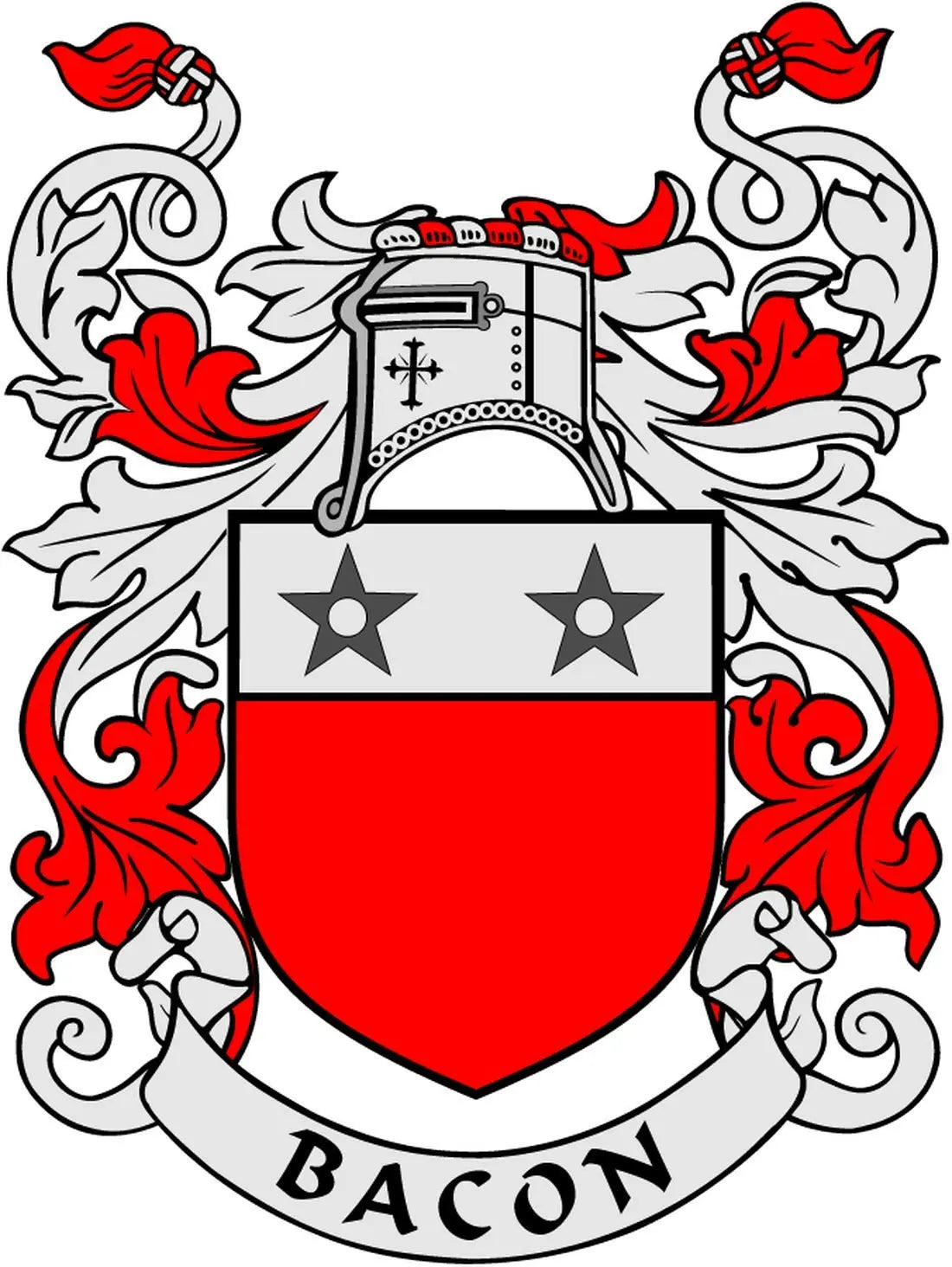 Heraldic coat of arms magnet with red shield, black stars, and Bacon banner