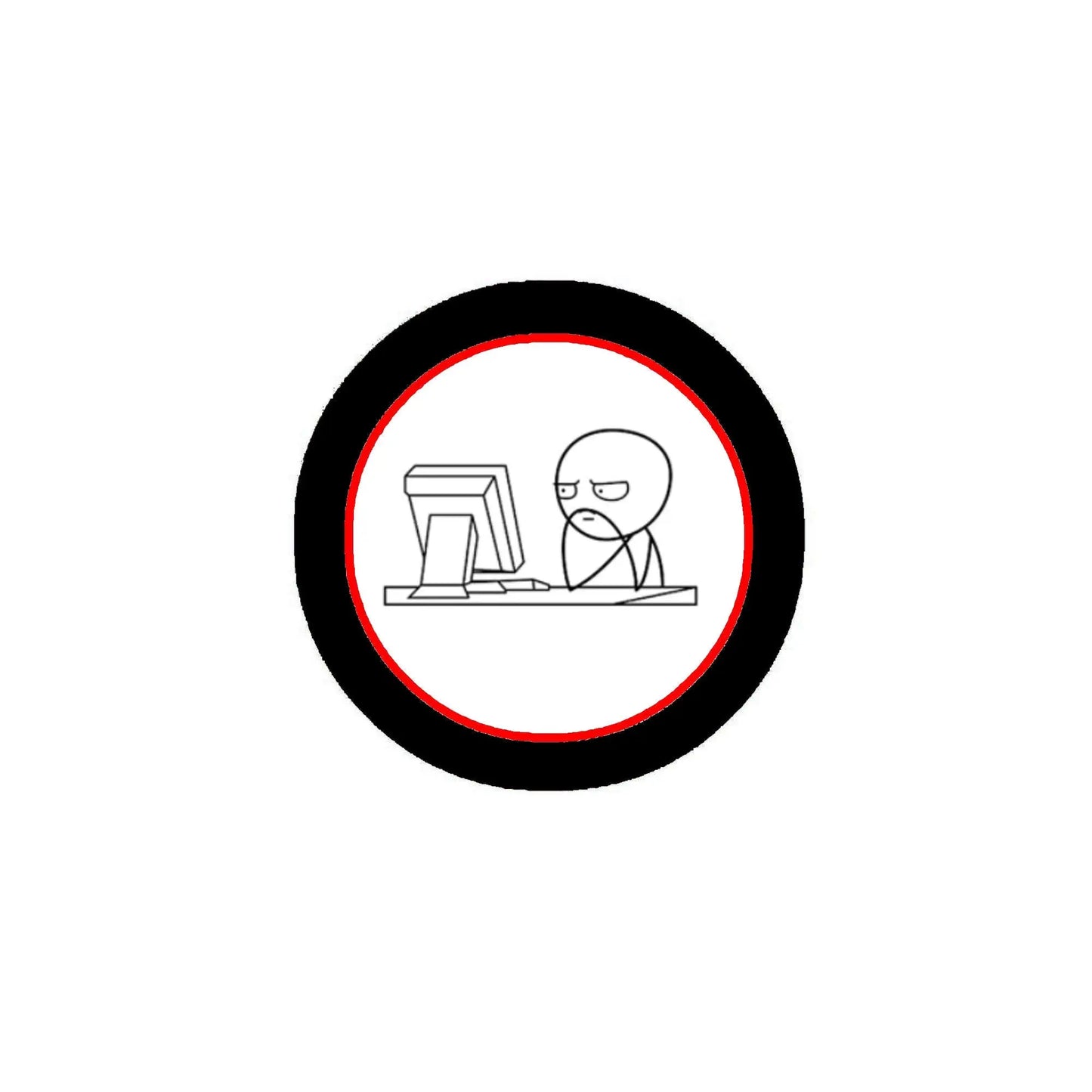 Round cartoon meme button pin with black edge, red ring, and computer character in white
