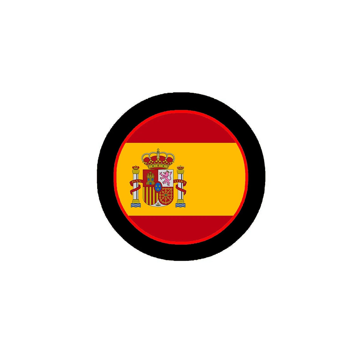 Spain flag pinback button, circular black border with red-yellow flag center