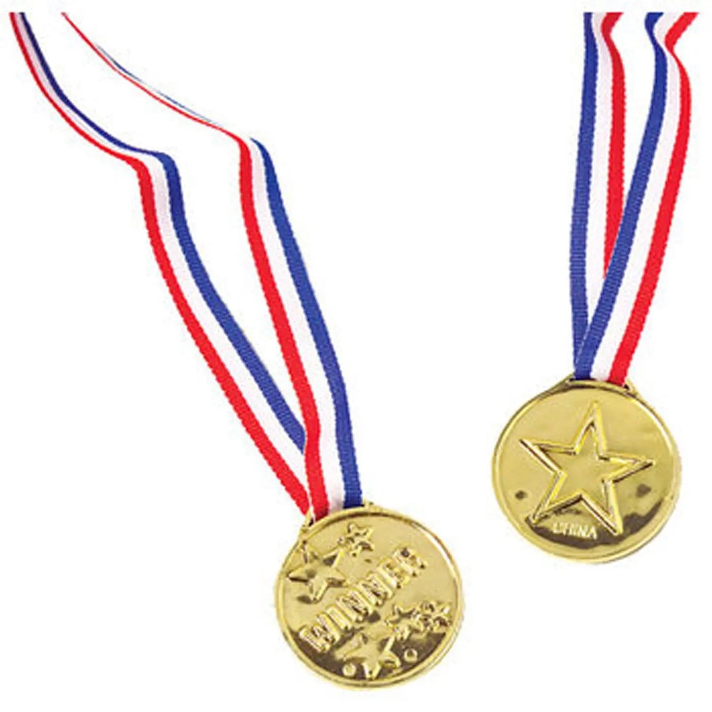 Gold plastic champion medals with star centers and red, white, and blue striped ribbons
