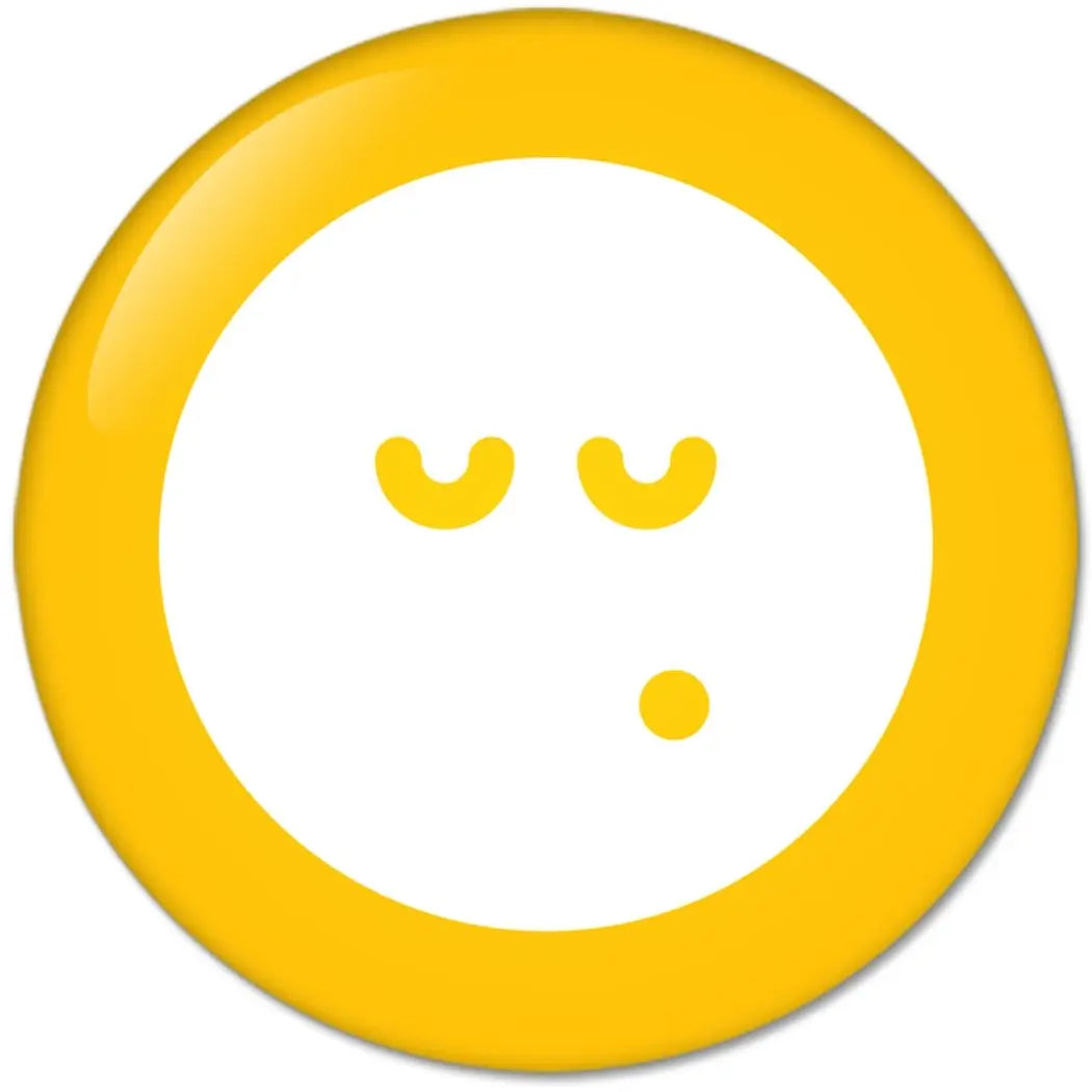 Round yellow pinback button with face emoticon: closed eyes and dot mouth