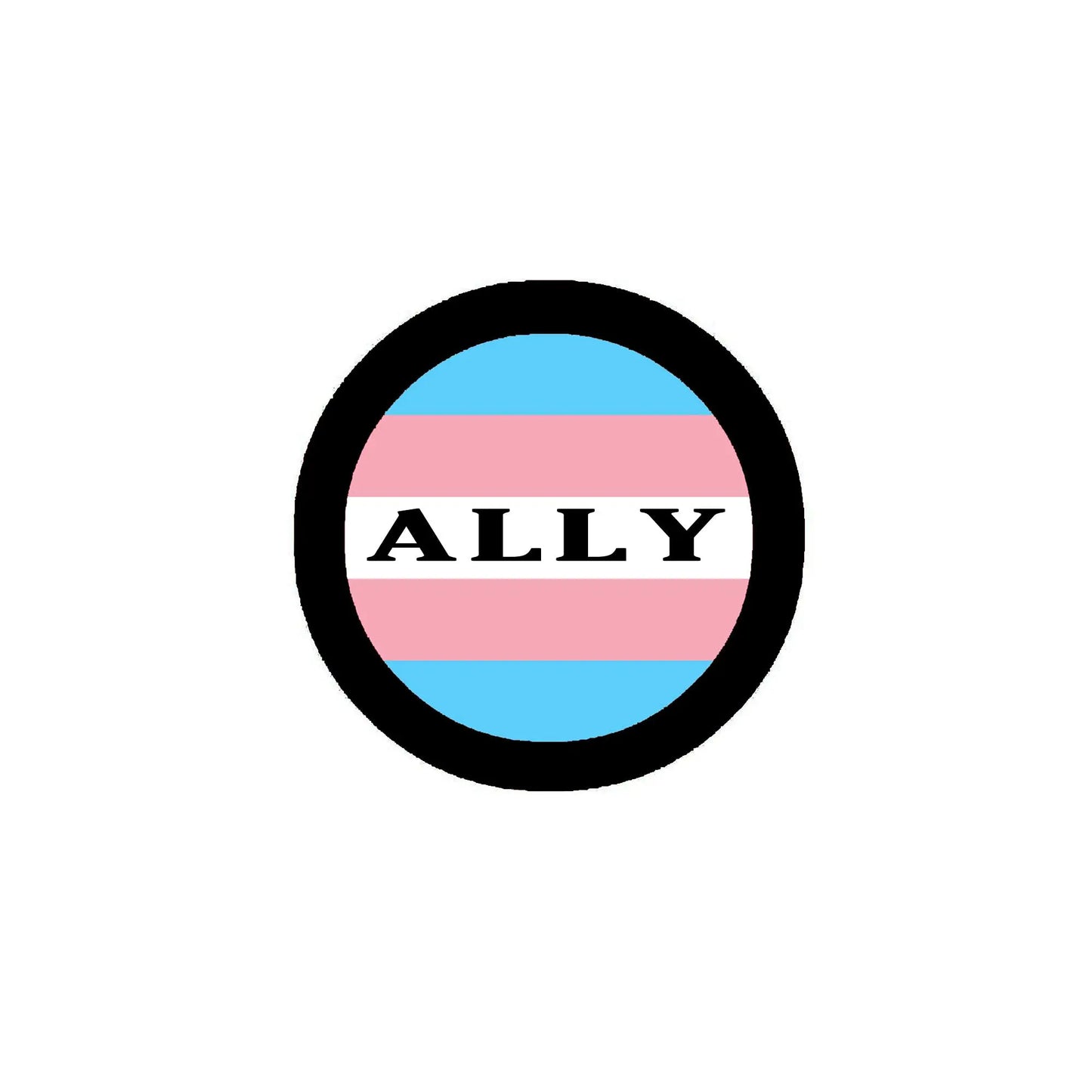 Circular ally flag badge pin with blue and pink stripes and 'ALLY' text