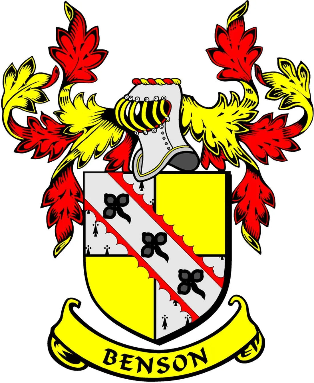 Benson family crest arms magnet with yellow and red shield and BENSON banner