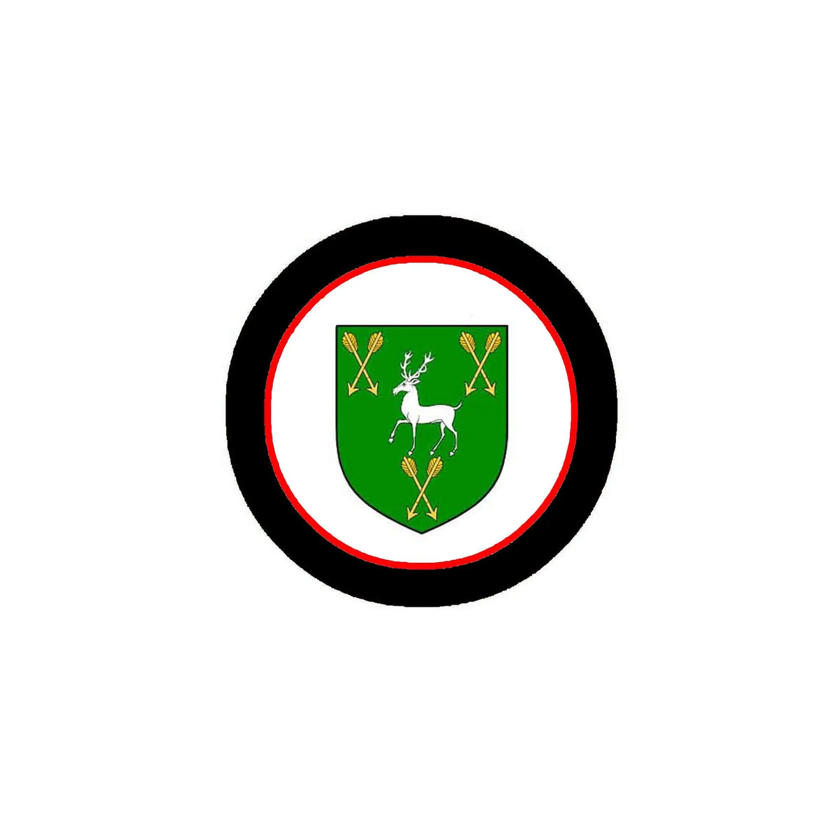 3-inch round coat arms magnet with black ring and green crest shield design