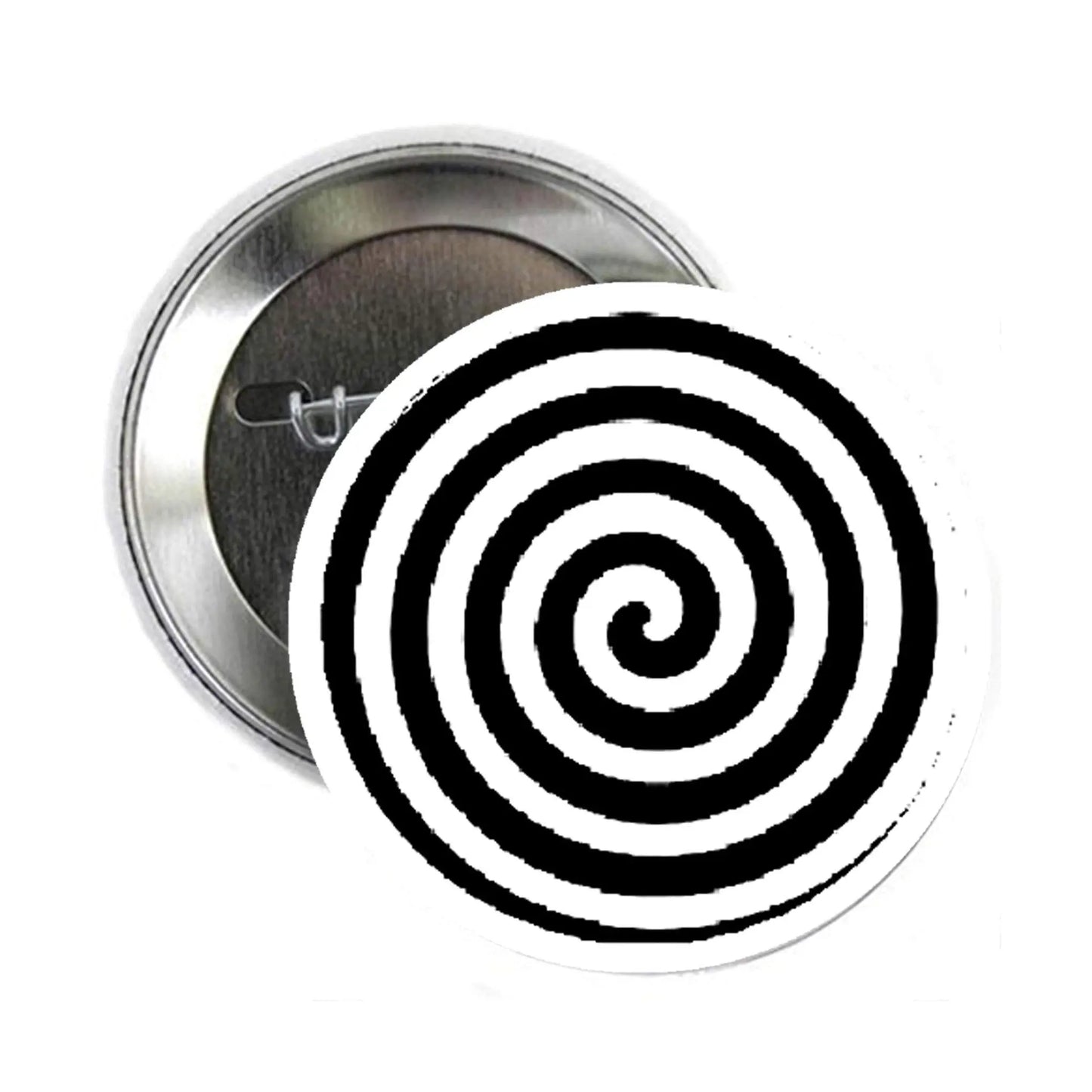 2.25-inch round pinback button with hypnotic black-and-white spiral graphic
