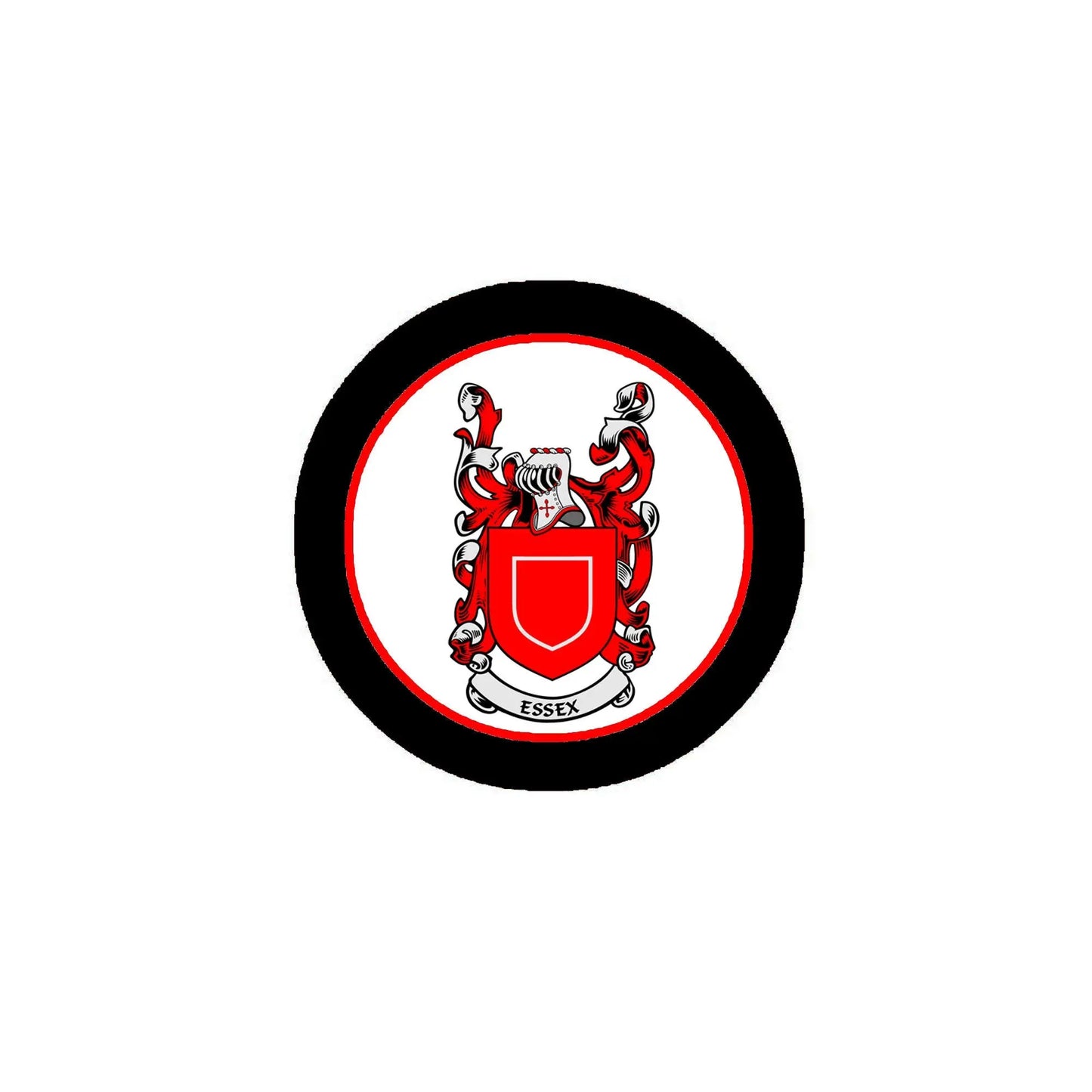 Round black-framed coat of arms pinback with red shield and white banner, Essex crest