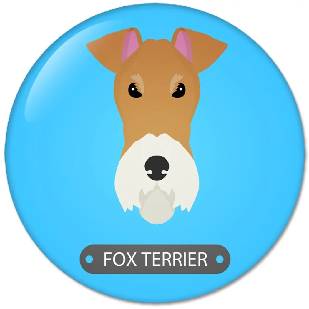 Fox Terrier cartoon pinback button with brown dog face and “FOX TERRIER” text