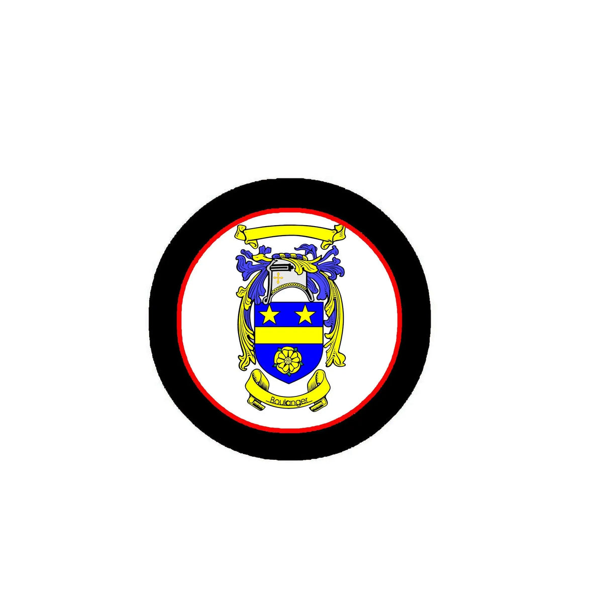 Boulange family crest round magnet with black border and blue-yellow coat of arms