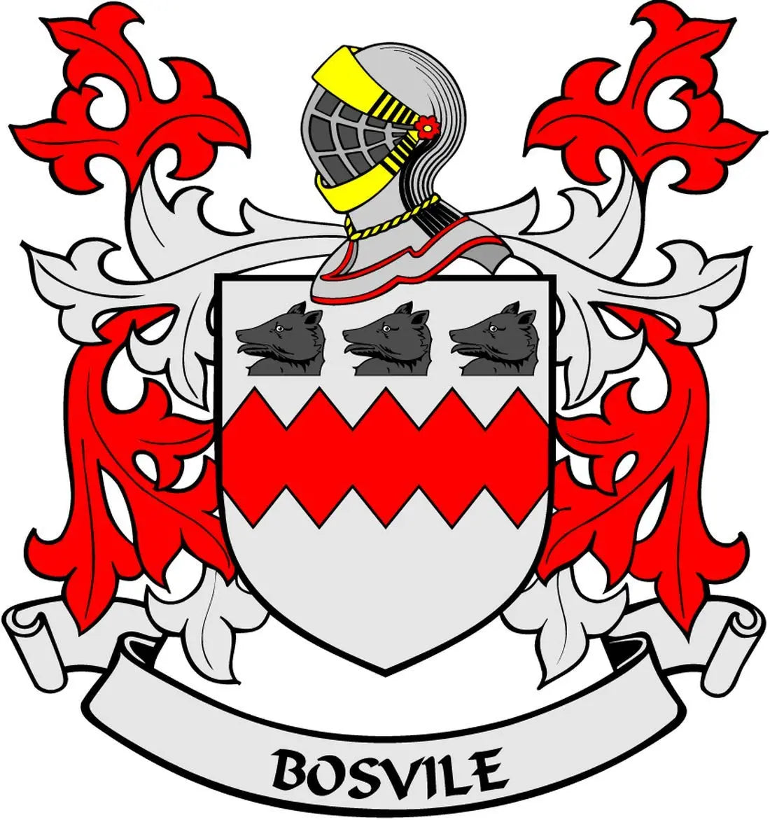 Family crest arms magnet with shield, red flames, and “BOSVILE” ribbon at bottom