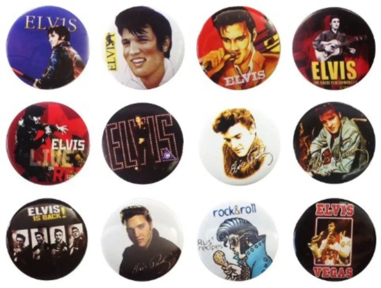Set of circular Elvis Presley button pins with red, black, and portrait designs